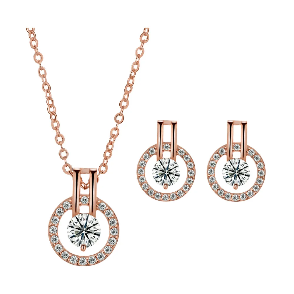 

2019 New Rose Gold Silver Color Minimalist Cubic Zirconia Pendant Necklace Stud Earrings For Women Necklace Earring Jewelry Set