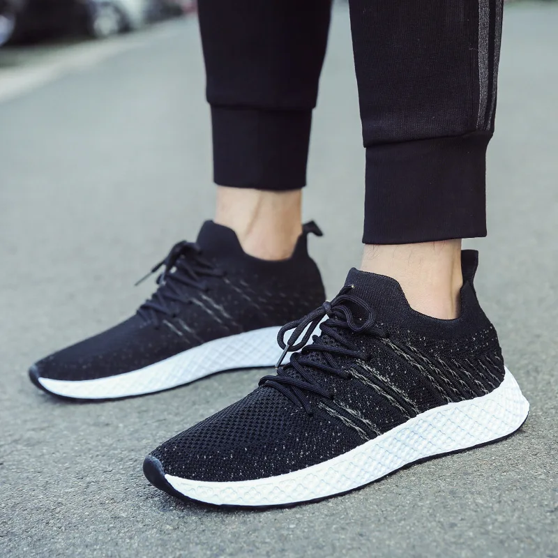 

Brand 2019 New Men Shoes Casual Stretch Fabric Flying Breathable Fashion Sneakers Loafers Lace-Up Light Shallow Outdoor Shoes