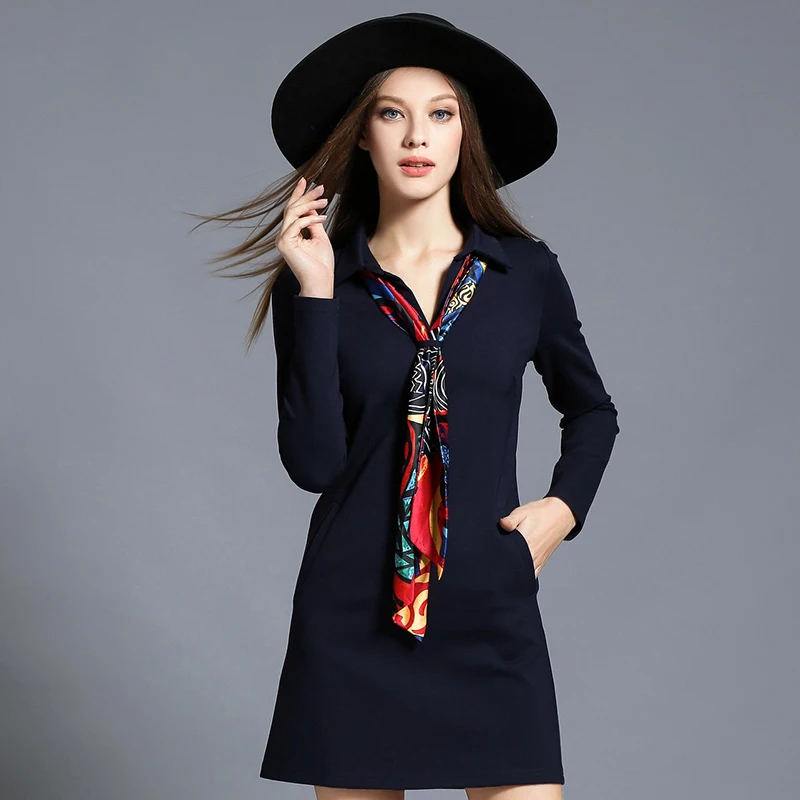 2017 Autumn Winter font b Women b font Turn down Collar Cotton Dresses Long Sleeves Lady