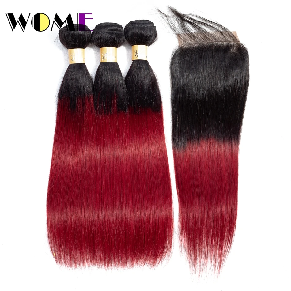 

Wome Brazillian Hair With Closure 1B/Burgundy Hair Bundles 3 Bundles and Closure 100% Cheap Hair With Closure