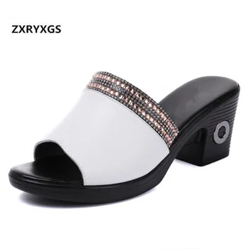 

2019 Newest Summer Elegant Fashion Rhinestone Cowhide Leather Shoes Sandals Women Non-slip Comfort Women Slippers High Heels 6cm