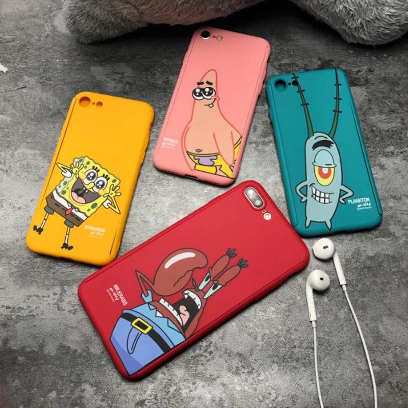 

New Cartoon SpongeBob SquarePants 360 Full protection Cover case for iphone 6 S 6S plus 7 7plus 8 8plus X hard PC back cases