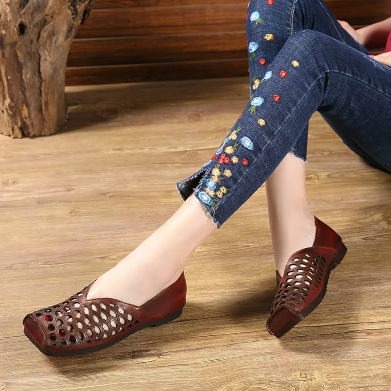 

2019 summer handmade shallow flat bottomed women's shoes cowhide hollow Baotou comfortable flat sandals square head