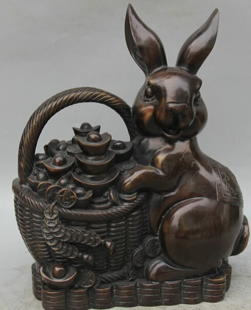 

JP S0524 12" Chinese Bronze Wealth Basket Feng shui Zodiac Year Rabbit Statue sculpture