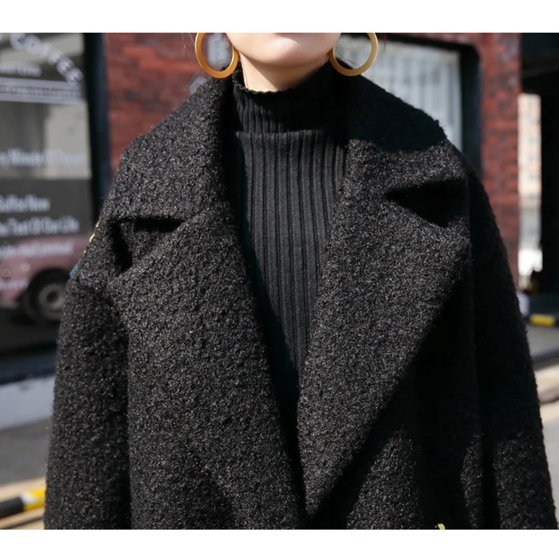 [EAM] 2019 New Spring Lapel Black Loose Large Size Thicken Back Colorful Striped Woolen Coat Women Fashion Parkas JI778