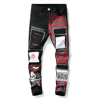 

NightClub Style Locomotive jeans for men knees holes skeleton letter printing trousers cool European and American style #5501