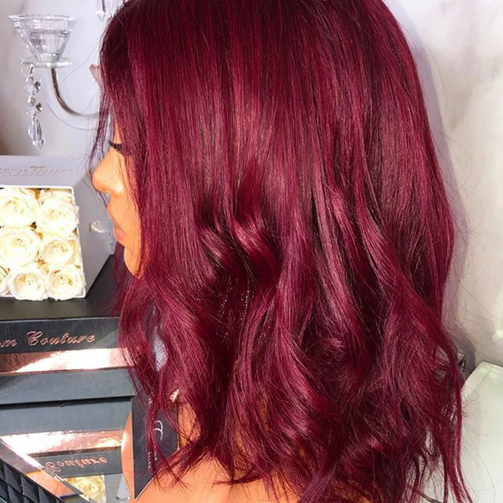 Red Wig Human Hair Burgundy Wigs Short Bob Lace Front Wigs Colored 99J Lace Wigs With Baby Hair Deep Part 13*6 Aimoonsa Remy