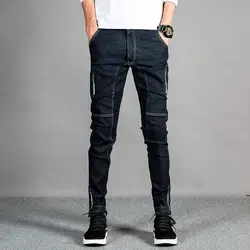 2019 Новые осенне-зимние плотные джинсы-стретч для мальчиков, Молодежная строчка на молнии, тренд, Узкие повседневные брюки