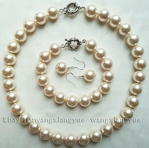 

******12mm White South Sea Shell Pearl Necklace bracelet Earrings Set AAA Grade