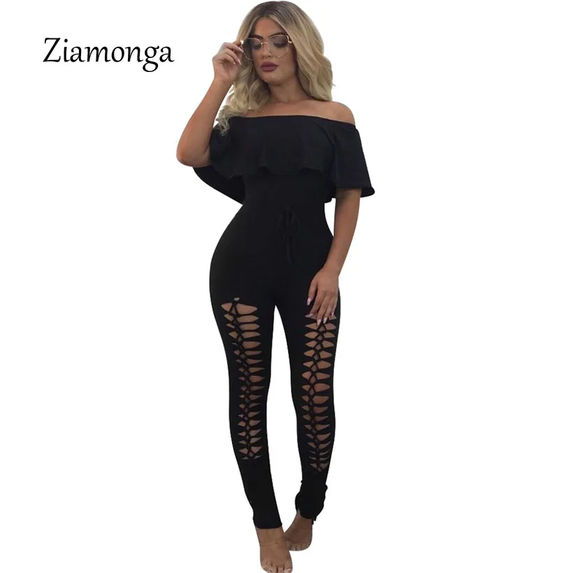 

Ziamonga Summer Strapless Rompers Womens Jumpsuit Sexy Cut Out Ruffles Slash Neck Hollow Out Bodycon Jumpsuits Elastic Overalls