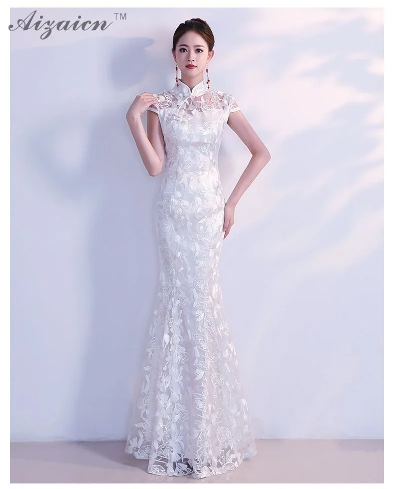 Восточный Длинный Элегантный Cheongsam белый китайский стиль вечернее платье кружевное женское платье без рукавов Русалка Свадебные платья традиционные
