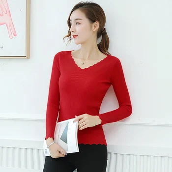 

Wool Knitted Sweater Long Sleeves Thin Spring Autumn Clothes 2018 Women New Style Pure Color V-neck Bottoming Sweater LJ0913