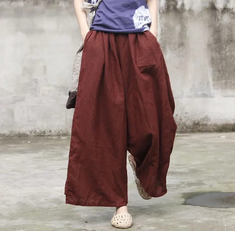 

Fashion Dark Red Wide Loose Leg Dense Cotton Linen Women Plus Size Pants, Spring Autumn Long Large Lady High Quality Trousers