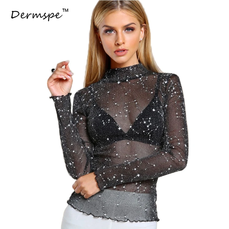 Mock Neck Lettuce Hem Glitter Mesh Blouse Sexy Womens Long Sleeve Tops Black High Neck Elegant