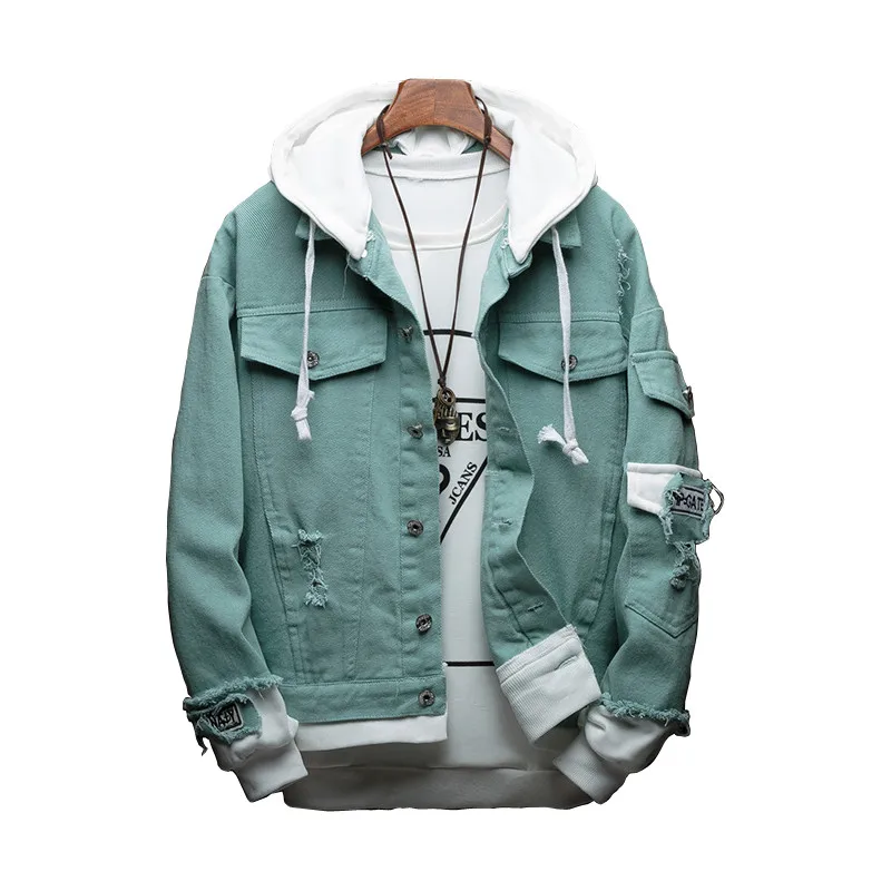 

New Autumn Hooded Denim Jacket Men Fashion Fake Two Pieces Of Streetwear Bomber Jacket and Coat Man Cowboy Clothes Male M-3XL