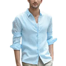 Fashsiualy мужские рубашки Повседневная хлопковая льняная однотонная блуза с длинным рукавом на пуговицах ретро рубашки с отложным воротником camisa masculina#5