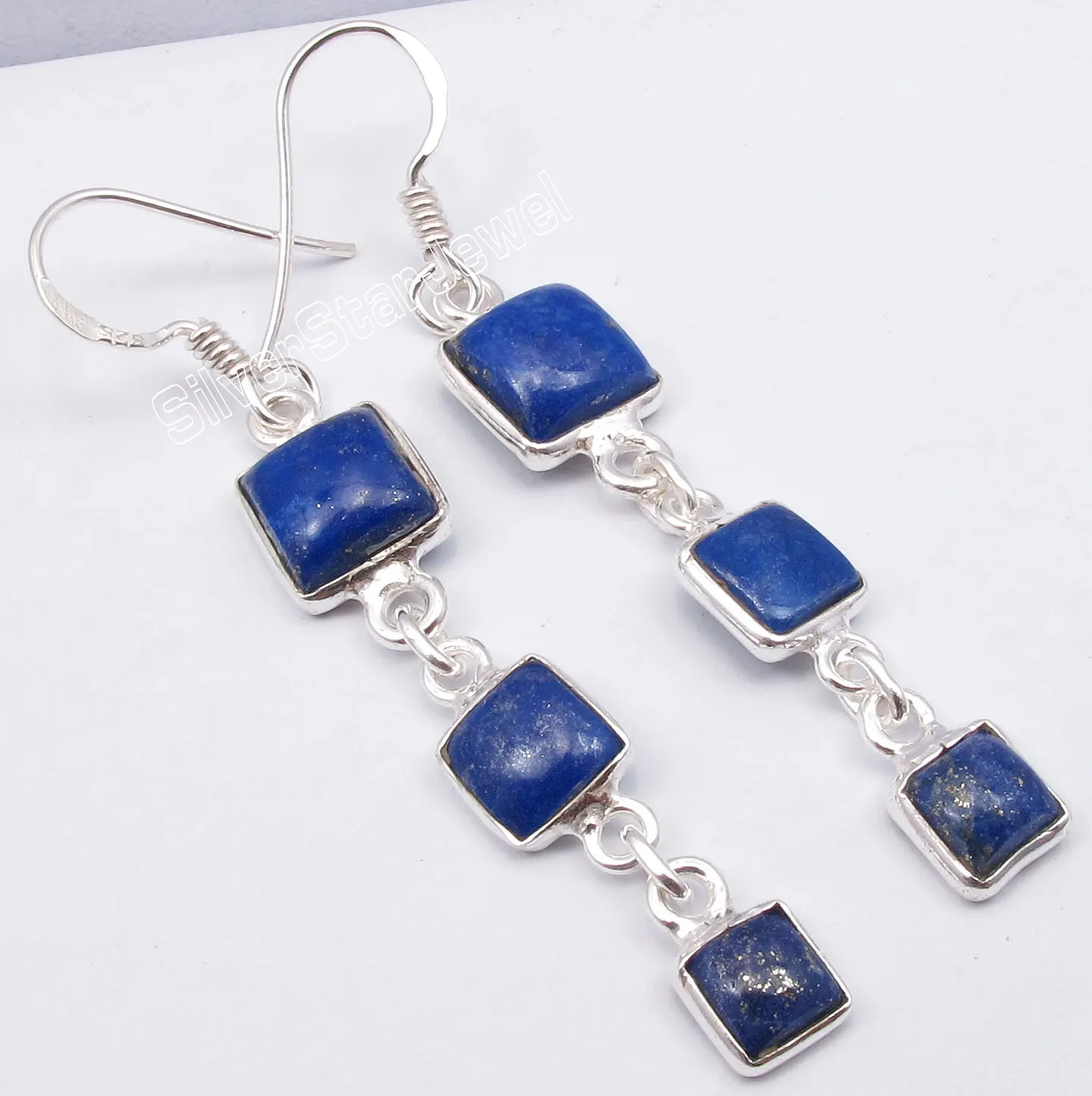 

Chanti International Silver NAVY BLUE LAPIS LAZULI 3 Square STONE ART Earrings 5.5 CM