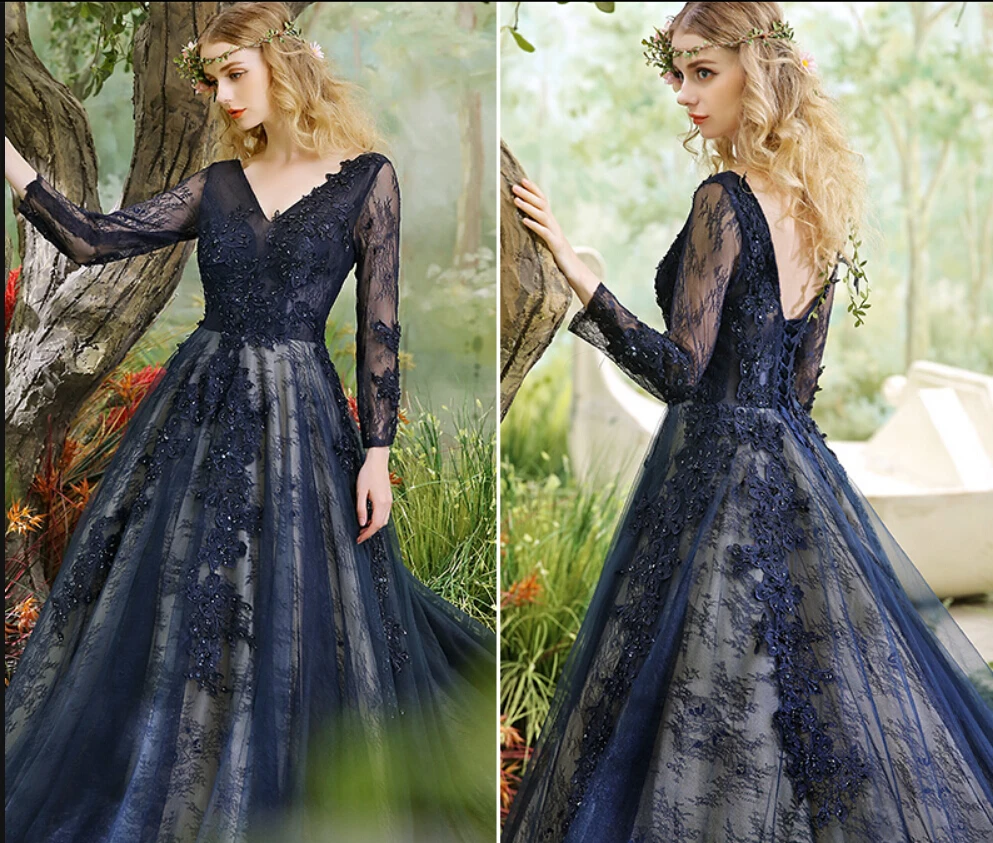 Халат de soiree темно-синий кружево с аппликацией и бисером 3/4 рукав скромное, на выпускной платье v-образный вырез корсет для бального платья