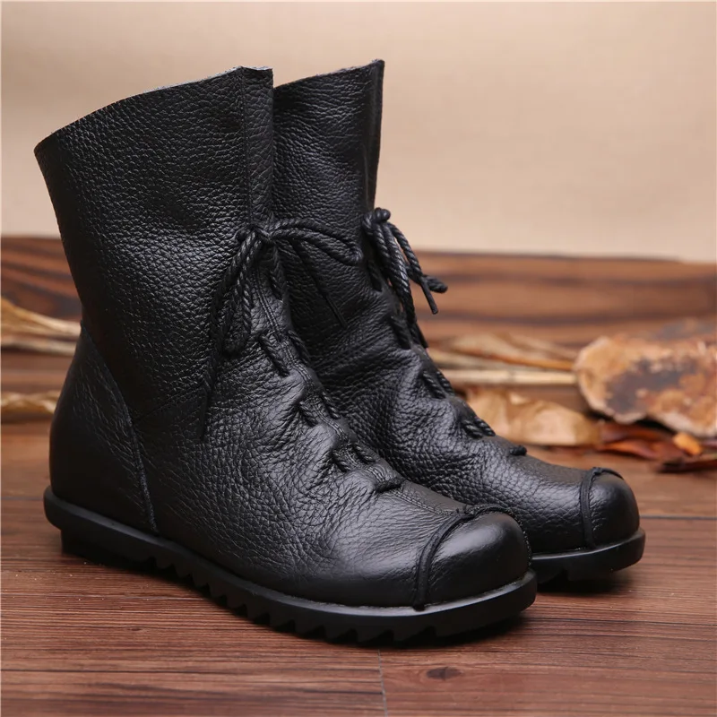 

Vintage Genuine Leather Boots Women Winter Warm 2019 New Fashion Solid Color Black Casual Lace Up Moccasins Flats Platform Lady