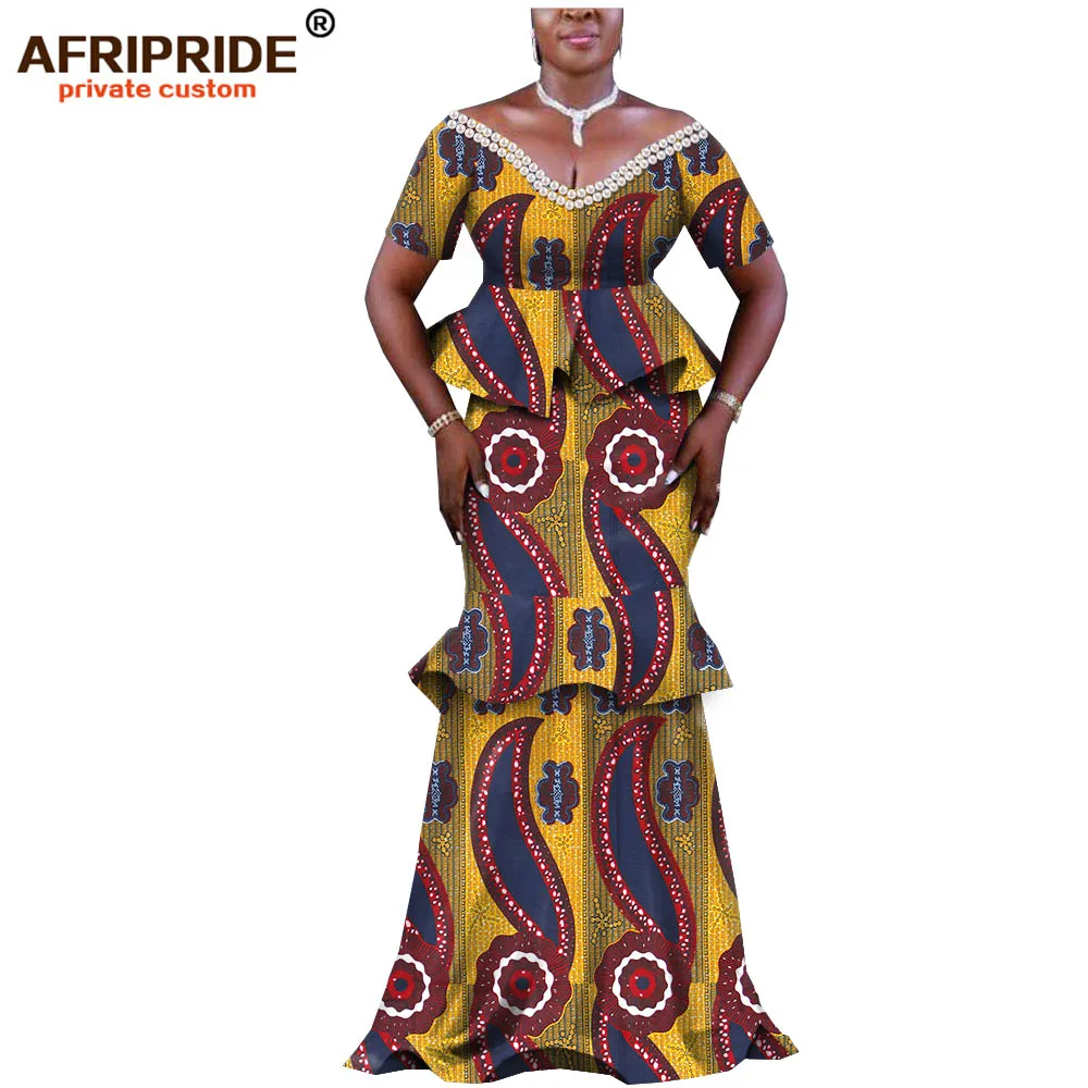 

2019 african maxi party dress for women AFRIPRIDE bazin richi short sleeves floor length cotton women dress with pearls A1925007