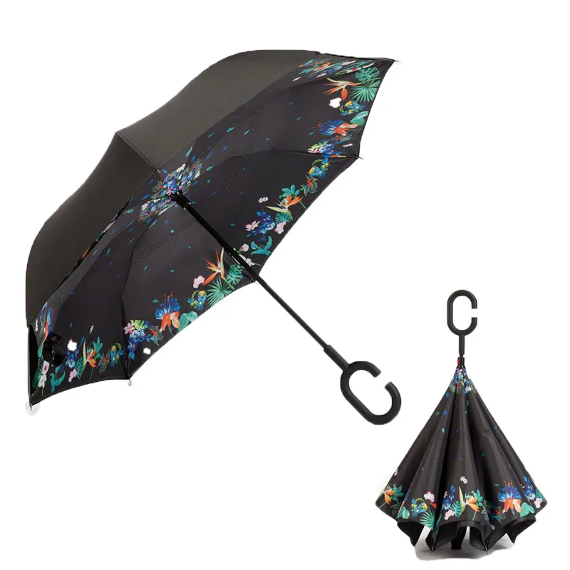 Yiwumart складной обратный зонтик с ручкой двойной слой перевернутый ветрозащитный защита от солнца и дождя анти УФ invertido автомобильный Зонтик для женщин - Цвет: Deciduous flowering