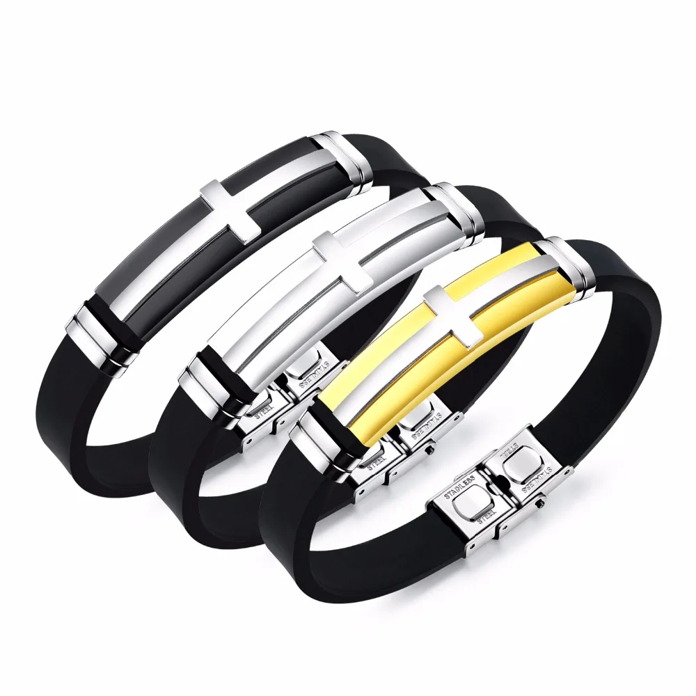 Trendy Stainless Steel Cross Bracelet&Bangle For Men Black Silicone