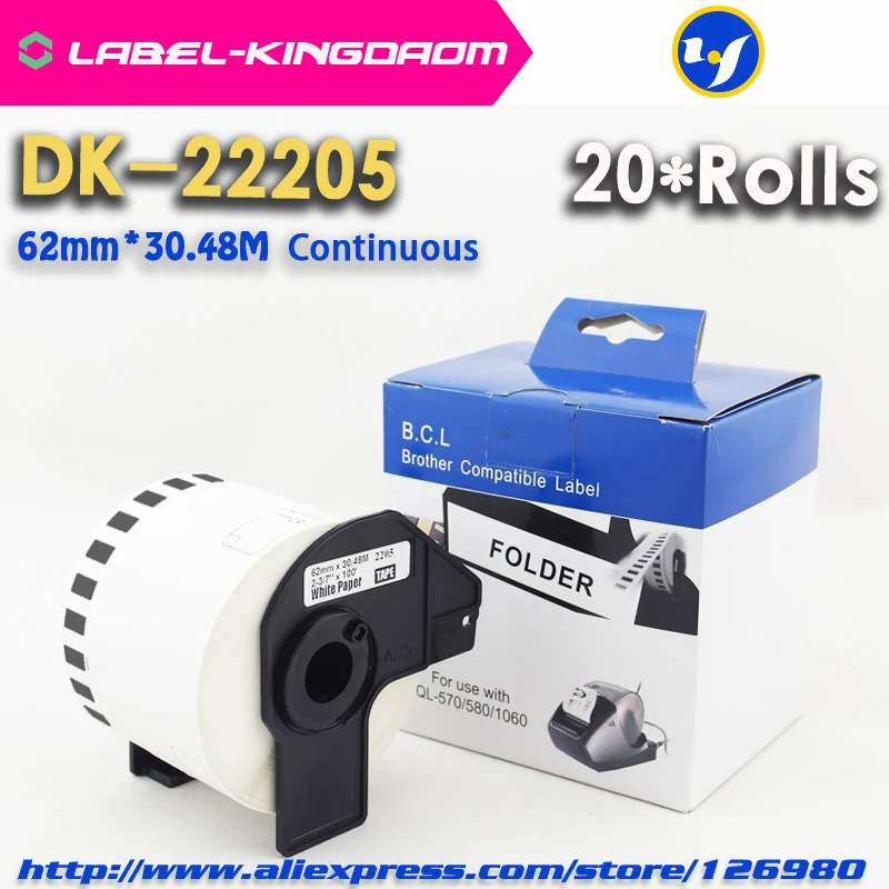 20 Rolls Compatible DK-22205 Label 62mm*30.48M Continuous Compatible for Brother QL-700/800 Printer All Come With Plastic Frame