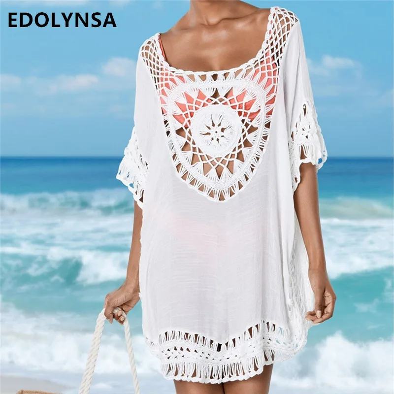 

2019 Women Summer Beach Crochet Tassel Dresses Sexy Hollow Out Beach Dresses White Vestido de renda Beachwear Plus Size N477