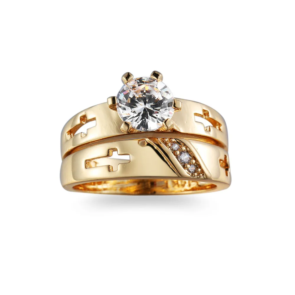 Anti Allergy Cubic Zirconia Paved Engagement Jesus Cross couple Rings Sets Gold Color Crystal Wedding Jewelry For Women Anel