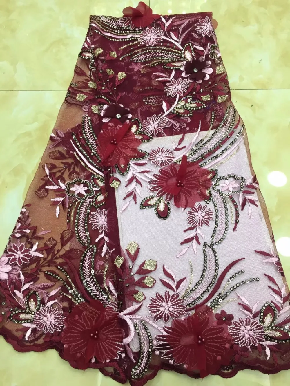 

Latest wine red African Net Lace Fabric Applique With Beads Good Quality French Tulle 3d Lace Fabric For Party Dress