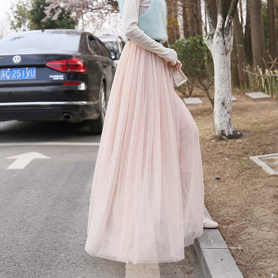 Розовый черный, белый цвет макси тюль юбки взрослых Повседневное лето зима длинные юбки плиссе Юбка из сетчатой ткани для девочек эластичные Высокая талия юбка