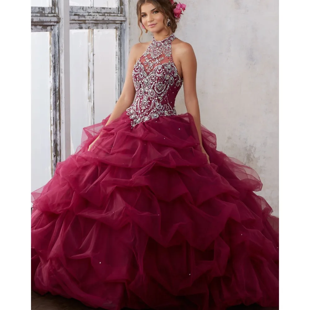 Crystal Halter Quinceanera Dress 2017 Pick Up Waves Keyhole Corset Back