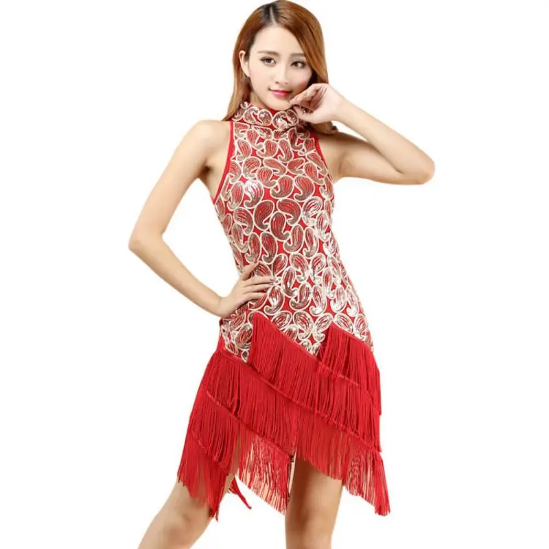 Sequins Tassel Dress Sleeveless Halter Latin Dance Costumes Dancing