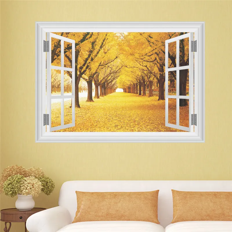 Yellow Tree Street Road 3d Window Wall Stickers Living Room Bedroom