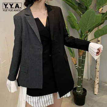 

Spring Brand Women Asymmetrical Colors Blocking Blazer Ruffles Patchwork Irregular Double Breasted Blazer Femme OL Suit Jacket