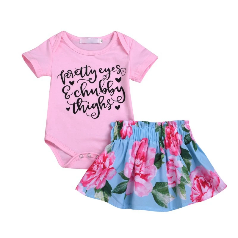 

European and American style Summer Baby Girl Casual Letter Print Short Sleeve Cotton Romper Tops Floral Skirts Outfits Set A