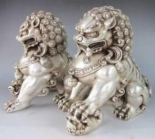 15 5cm Chinese Silver Bronze Fu Foo Dog Guardian Lion Statue Pair Statues Sculptures Aliexpress