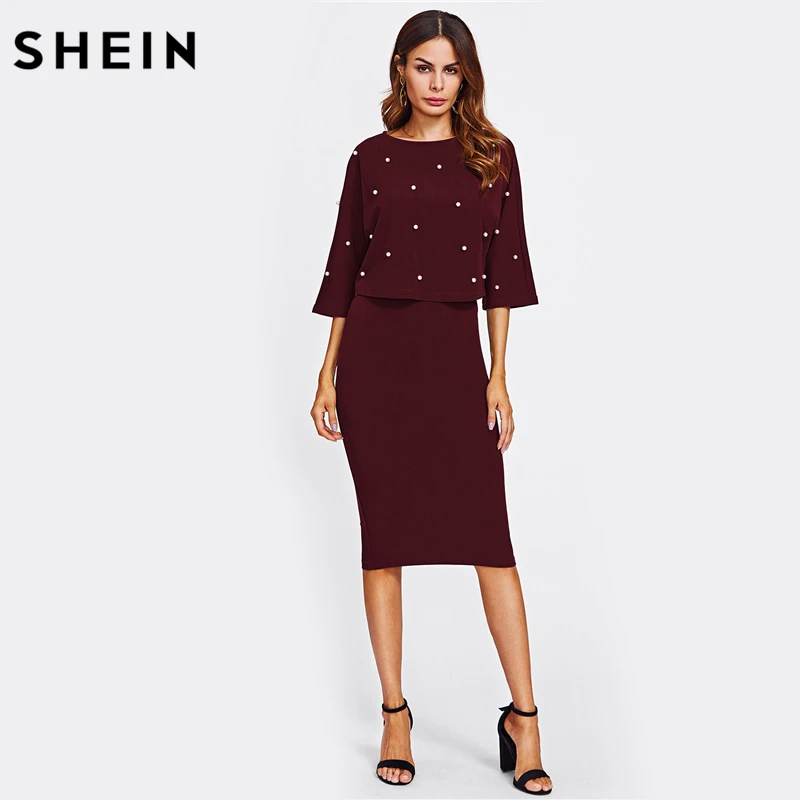 Buy SHEIN Women Autumn Two Piece Outfits Burgundy