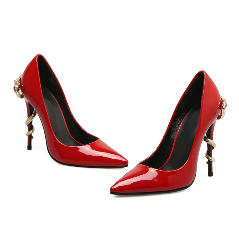Весенняя модельная Свадебная обувь золотого цвета со змеиным узором; Женские уникальные туфли-лодочки из лакированной кожи с острым носком на очень высоком каблуке; zapatos mujer