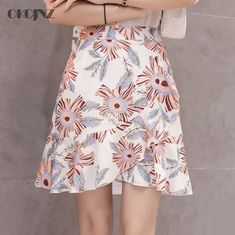 Women Floral Printing A-Line Skirts Summer Clothes High Waist Chiffon Fluffy Mini Skirt Female Harajuku Plus Size Boho Okq311 | Женская