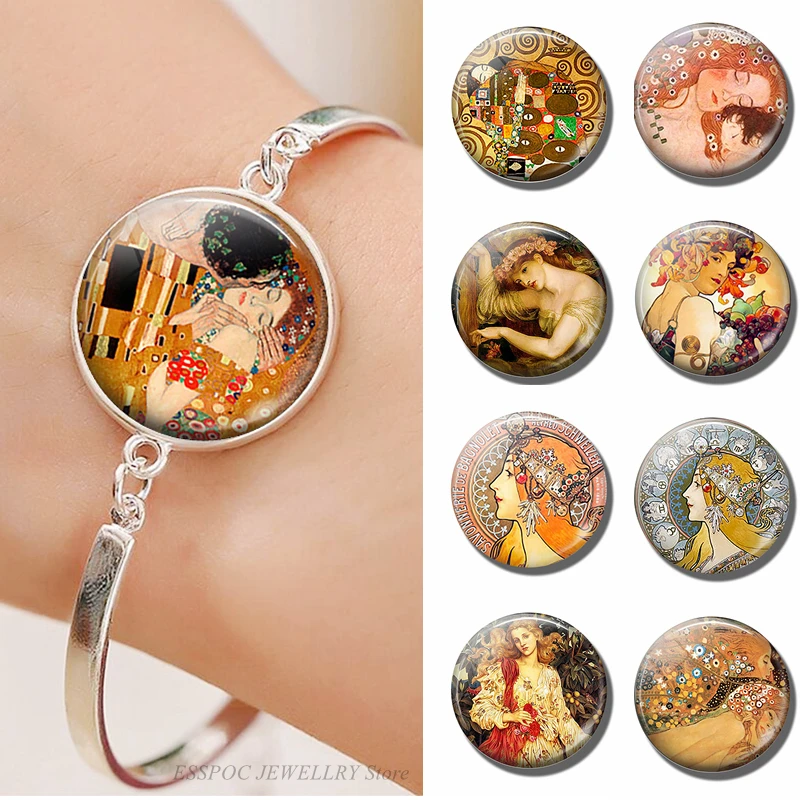 

Klimt Bracelet Chain Glass Cabochon Jewelry Art Oil Painting Silver Bangle Klimt's Kiss Mom and Child Mother Day's Gifts