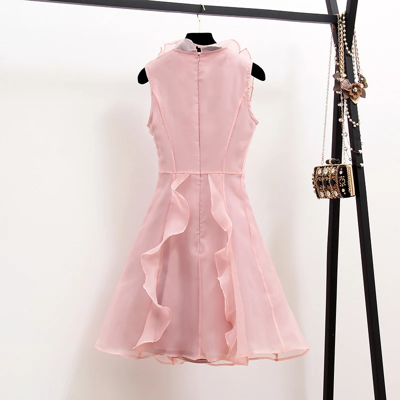 Летнее дизайнерское подиумное розовое платье без рукавов с бантом и цветочным узором, с гофрированным воротником, Дамское Сексуальное Тонкое милое платье DR141