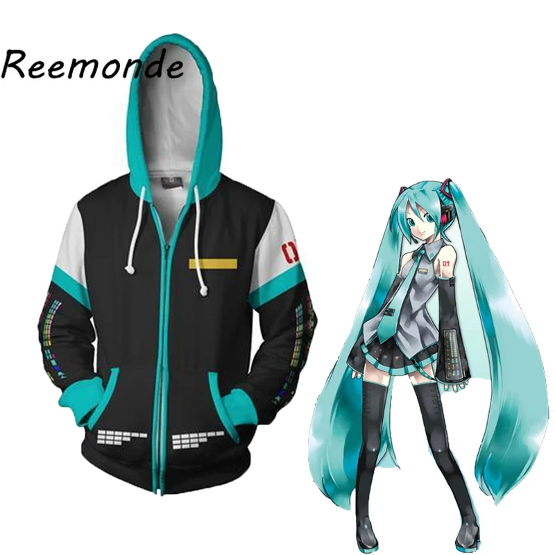 

Anime Hatsune Miku Costumes Hoodies Hooded Cosplay Clothes For Women Girls Miku Jackets Casual Sweatshirt Zipper Tops With Hat