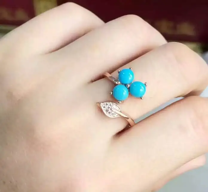 Верность, кольцо из Натуральной Бирюзы, Серебро s925 пробы, натуральный синий драгоценный камень, листья, Открытое кольцо, модное, хорошее ювелирное изделие, подарок для женщин