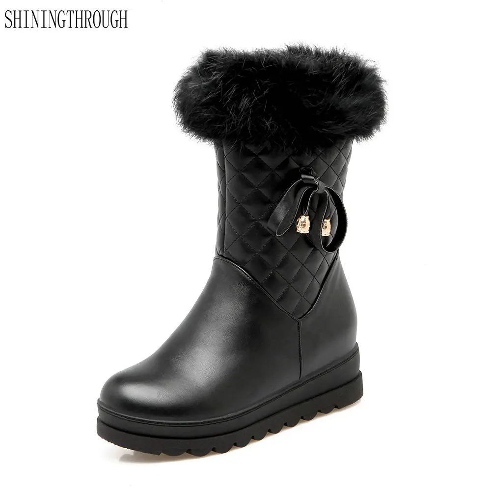 

New sweet fur women boots winter warm snow boots ladies shoes high heels boots wedges shoes woman pink white black