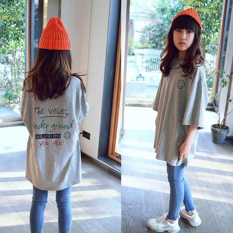 

NNGZ Girls T-shirts Cotton Short-sleeved Tshirt Printing Children's cartoons Gray Kids clothing