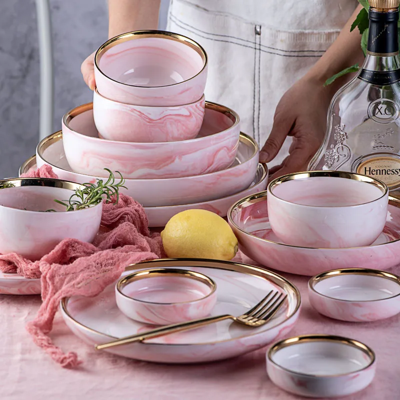 1 шт., розовая мраморная керамическая посуда в Пномпене, тарелка, креативная Ins, рисовая салатная тарелка, тарелки для лапши, супа, ложки, наборы посуды