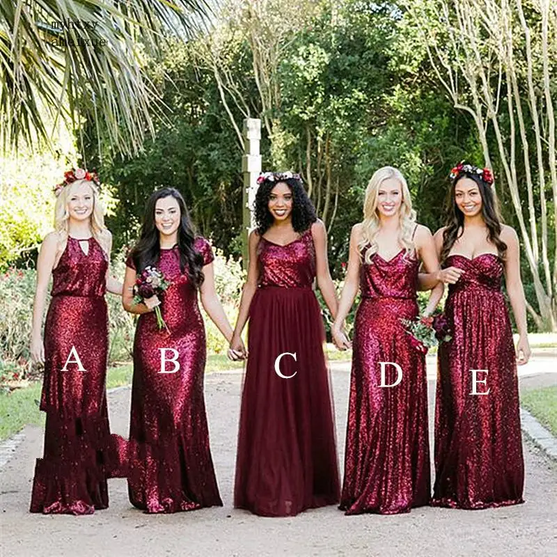 

Sparkling Sequined Burgundy Bridesmaid Dresses For Women 2019 Burgundy A Line 5 Styles Long Maid Of Honor Dress Wedding Guest