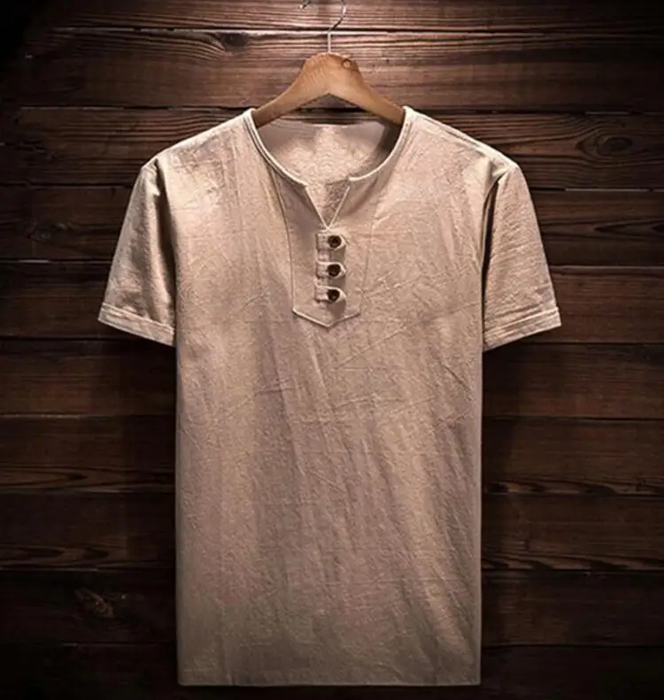 Горячая Распродажа летняя винтажная брендовая мужская рубашка большого размера мужская хлопковая льняная рубашка с v-образным вырезом и коротким рукавом размера плюс M-6XL одежды 7XL - Цвет: Хаки
