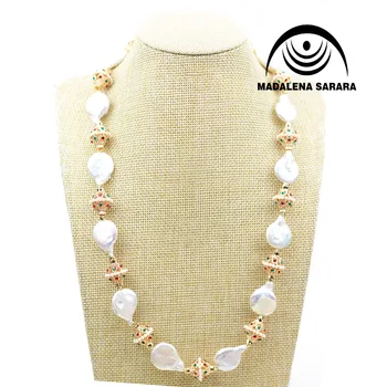 

MADALENA SARARA 12-13mm Elegant Queen Style Cultured Freshwater Pearl Necklace Bracelet Set European Bride Button Shape Pearl